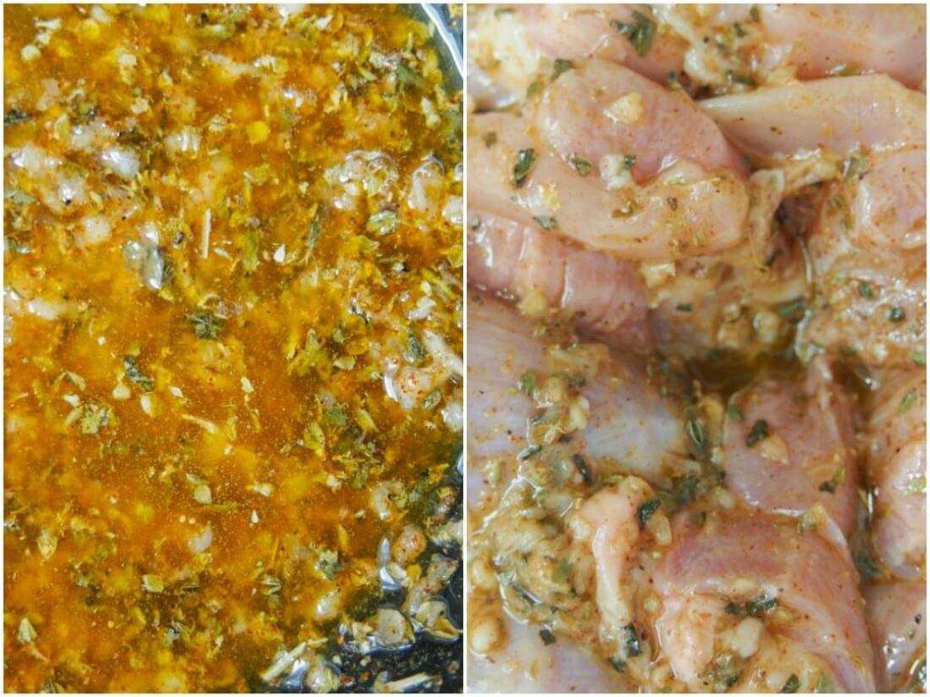 Bucati de pui in marinata pentru a face gyros de pui la gratar