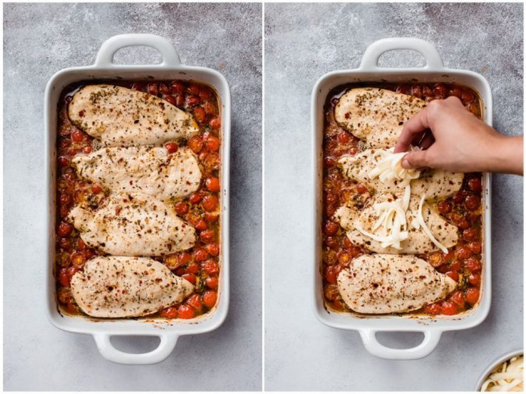 Pui la cuptor cu pesto rosii si mozzarella Pui in tava inainte de coacere