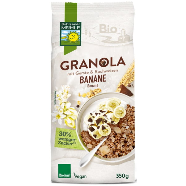 Granola de banane cu ciocolată cu 30 % mai puțin zahăr BIO 350 g - Bohlsener Muehle
