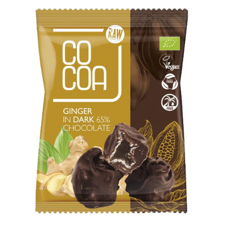 Ghimbir confiat în ciocolată neagră 65 % BIO 70 g - Cocoa