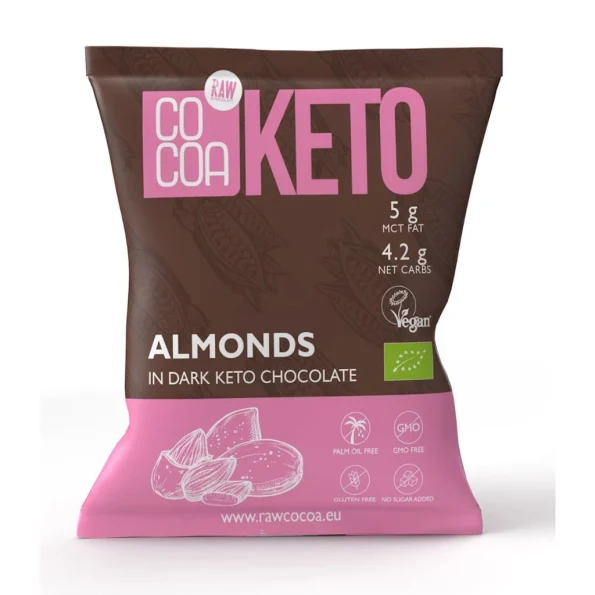 Migdale acoperite cu ciocolata Keto cu ulei de mct fara zahar adaugat BIO 70 g - Cocoa Ciocolată raw cu migdale și ulei MCT 100 Bio Cocoa
