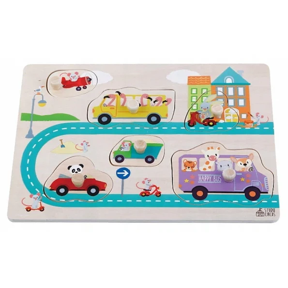 Puzzle din lemn, copii +12 luni, Autobuz Fericit, Sun Baby, 7 piese