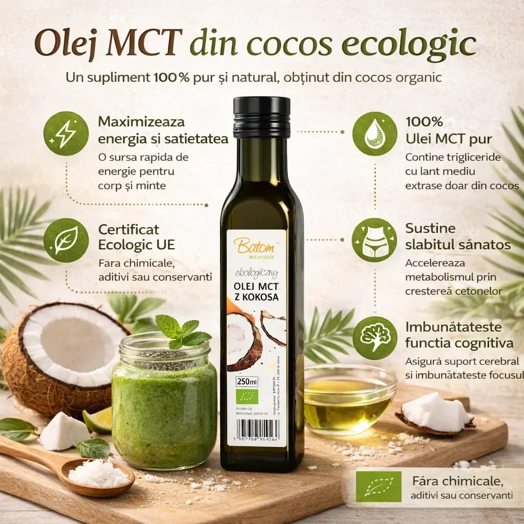 Ulei de cocos MCT Bio, 100% natural, distilat molecular, Batom, 250 ml