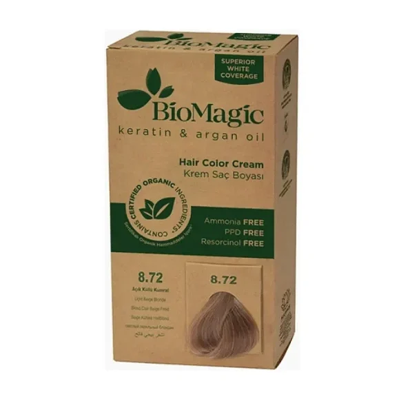 Vopsea de par blond bej deschis fara amoniac 8.72 Biomagic 250 g - Produse cosmetice