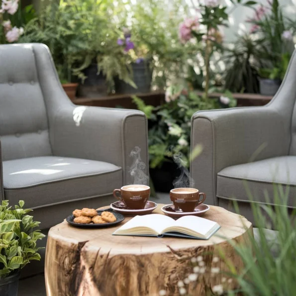 Un colț de relaxare pe o terasă însorită, cu două fotolii confortabile și o măsuță de lemn natural. Pe măsuță sunt două cești de cafea aburinde, alături de o carte deschisă și câteva biscuiți artizanali. Fundalul arată plante verzi și flori, sugerând o atmosferă organică și naturală, în armonie cu caracterul bio al cafelei.