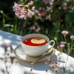 O ceașcă de ceai servită în grădină, pe o masă de exterior albă. În fundal se vede un tufiș înflorit și vegetație abundentă. Lumina naturală a dimineții creează umbre delicate și face ceaiul să strălucească într-o nuanță bogată de roșu-închis.