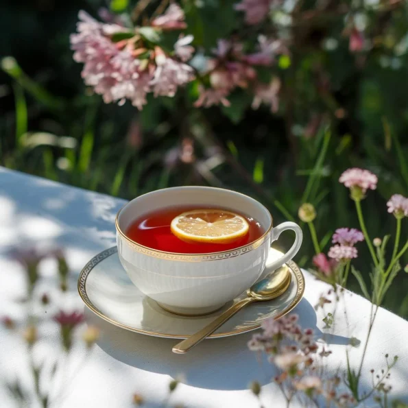 O ceașcă de ceai servită în grădină, pe o masă de exterior albă. În fundal se vede un tufiș înflorit și vegetație abundentă. Lumina naturală a dimineții creează umbre delicate și face ceaiul să strălucească într-o nuanță bogată de roșu-închis.