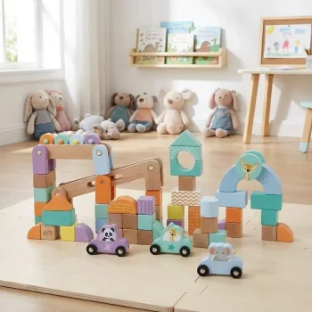 Set cuburi educative din lemn multicolor pentru copii, 60 piese, Sun Baby