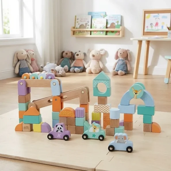 Set cuburi educative din lemn multicolor pentru copii, 60 piese, Sun Baby