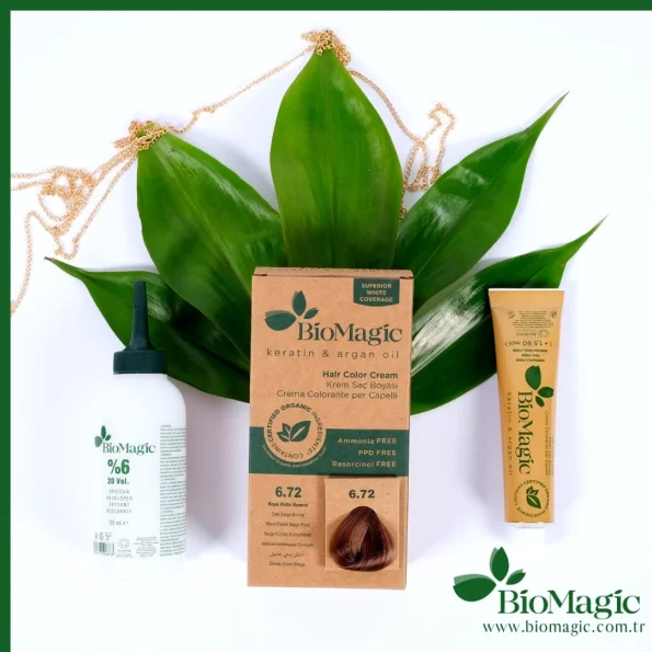 Vopsea de par, Biomagic 6.72 blond inchis, fara amoniac, keratina, ulei argan, 250 g