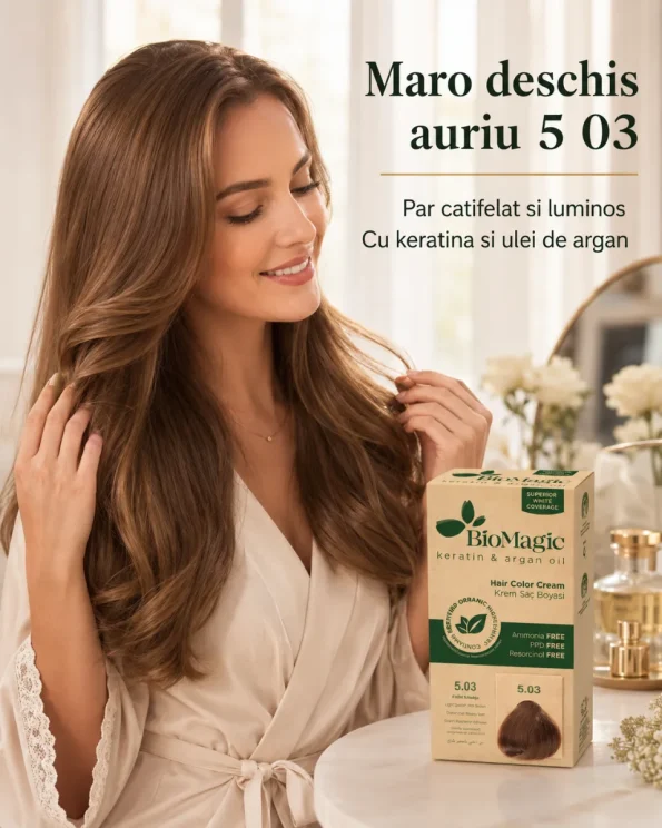 Vopsea de păr fără amoniac maro deschis auriu BioMagic 5.03 cu keratină și ulei de argan - Produse cosmetice