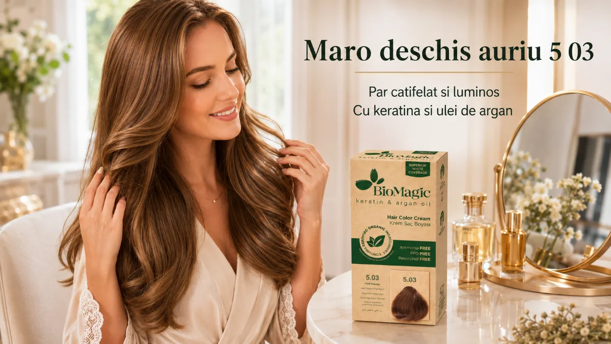 Vopsea de păr fără amoniac maro deschis auriu BioMagic 5.03 cu keratină și ulei de argan - Produse cosmetice