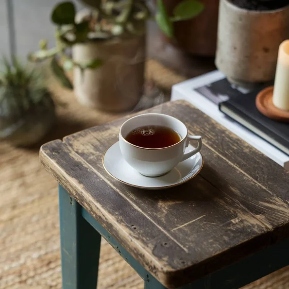 O ceașcă albă de porțelan cu ceai negru aburind, așezată pe o masă de lemn rustică