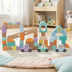 Set cuburi educative din lemn multicolor pentru copii, 60 piese, Sun Baby