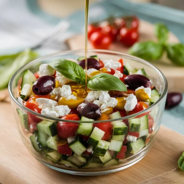 o salată mediteraneană proaspătă și colorată într-un bol de sticlă. În prim plan, de sus curge delicat un fir de ulei auriu strălucitor peste legume. Lumina naturală care intră prin fereastră evidențiază textura și culoarea uleiurilor, creând reflexii aurii pe suprafața salatei. Pe masă se văd și alte ingrediente proaspete împrăștiate artistic - roșii cherry, frunze de busuioc și măsline.