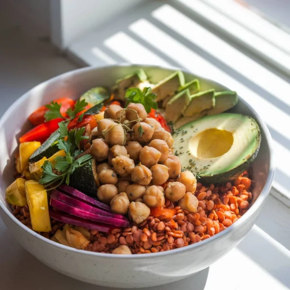 Un bol Buddha vibrant, fotografiat de sus, având ca bază un cușcuș de linte roșie aburit, acoperit cu legume prăjite colorate, năut, felii de avocado și ierburi proaspete. Lumina naturală care pătrunde din lateral creează umbre apetisante și evidențiază texturile diverse.