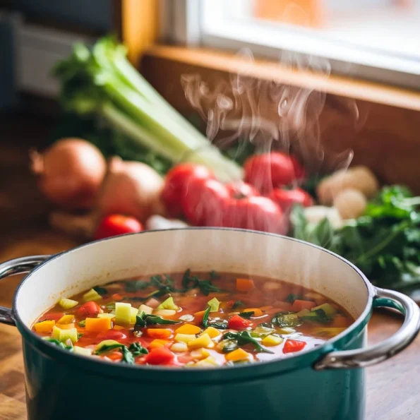 O oală de supă fierbinte de legume colorate. Aburi ușori se ridică din oală, iar pe fundal se văd ingrediente proaspete organic aranjate pe un blat de lemn - roșii, ceapă, leurdă și verdețuri. Lumină naturală caldă intră prin fereastra bucătăriei