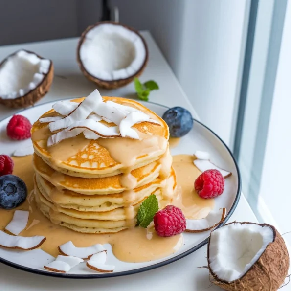 Clătite americane pufoase (pancakes) decorate cu fulgi de cocos proaspăt, zmeură roșie, afine și frunze de mentă, acoperite cu cremă de cocos bio Coconut Bliss Biona, servite pe o farfurie albă cu margine albastră, alături de jumătăți de nucă de cocos proaspătă, într-o prezentare luminoasă lângă fereastră.