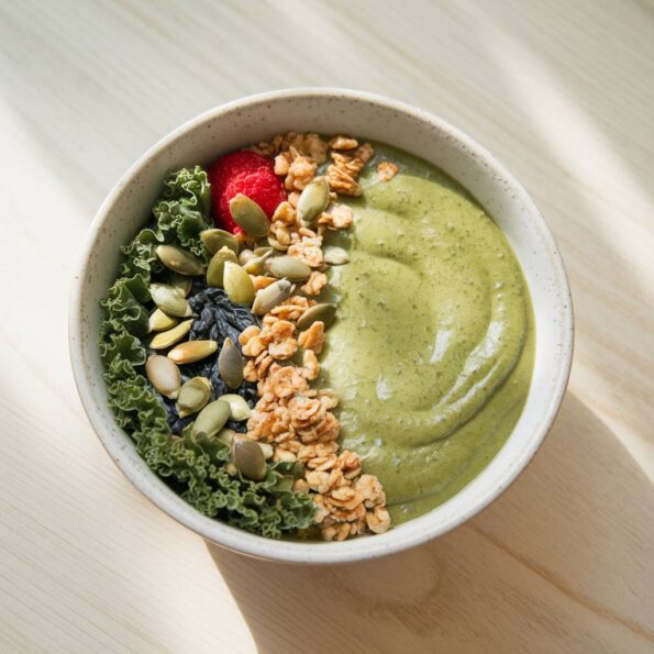 Un smoothie bowl verde-smarald într-un bol ceramic alb, decorat cu semințe de dovleac crude, fructe proaspete și granola. Smoothie-ul are o textură cremoasă și este fotografiat de sus, pe o masă de lemn deschis la culoare, cu lumină naturală difuză, sugerând un mic dejun energizant și sănătos.