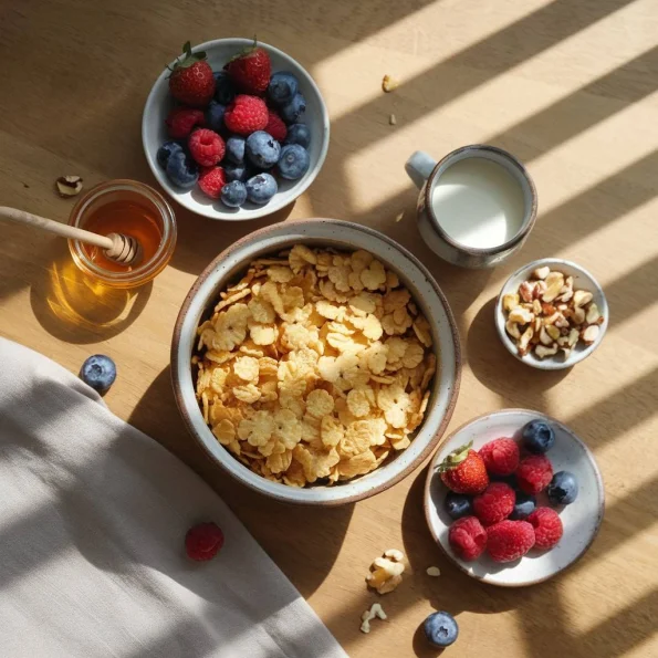 O imagine tip flatlay (vedere de sus) ce prezintă procesul de preparare a micului dejun. În centrul cadrului se află un bol mare ceramic care conține fulgi de porumb bio, înconjurat de ingrediente pentru personalizare: fructe de pădure proaspete, nuci mărunțite, miere într-un recipient mic de sticlă și o cană de lapte vegetal. Textura lemnului natural a mesei și lumina dimineții care cade lateral creează o atmosferă caldă și invitătoare. Imaginea sugerează versatilitatea și naturalețea produsului.