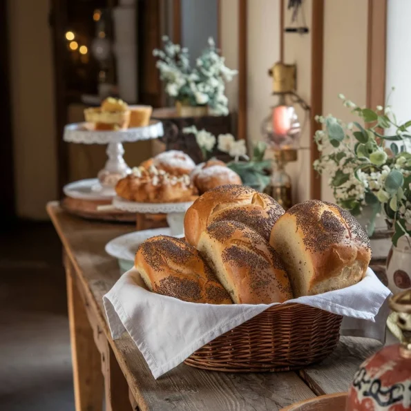 O masă de lemn rustic un cos cu paine proaspăt coapta presarat cu cateva seminte de mac. În fundal se văd alte produse de patiserie. Atmosfera caldă și primitoare, cu accente vintage.