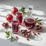 O compoziție elegantă pe un blat de marmură albă, cu o carafă de sticlă plină cu suc de rodie rubiniu, alături de două pahare înalte cu suc. În jurul acestora sunt aranjate artistic rodii întregi și tăiate, fructe de pădure proaspete și crenguțe cu frunze verzi. Lumina naturală creează umbre delicate și evidențiază textura și culoarea intensă a sucului.