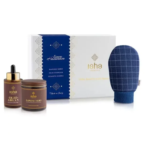 Set ritual oriental Hammam, săpun negru, mănușă Kessa, ulei argan, Isha