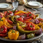 Imagine cu un platou mare de legume coapte la cuptor, stropite cu ulei de măsline și condimentate. Legumele (ardei, roșii, ceapă) sunt rumene și lucioase, cu urme vizibile ale condimentelor aromate. În fundal se observă vag o masă rustică pregătită pentru o cină în familie.