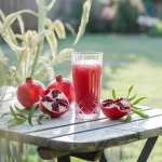 O masă de terasă din lemn natural, scăldată în lumină matinală, cu un pahar înalt de cristal plin cu suc de rodie bio strălucitor. Alături sunt câteva rodii proaspete tăiate în jumătate, dezvăluind boabele rubinii, și frunze verzi decorative răspândite artistic. În fundal se întrevăd plante verzi estompate și o grădină însorită, creând o atmosferă proaspătă și naturală.