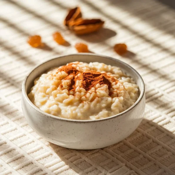 O imagine ce prezintă un bol elegant de ceramică albă plin cu orez cu lapte cremos, garnisit artistic cu scorțișoară pudră. În fundal se observă câteva migdale prăjite și stafide aurii împrăștiate estetic pe o față de masă texturată de culoare crem. Iluminarea naturală vine dintr-o parte, creând umbre fine care scot în evidență textura cremoasă a desertului.