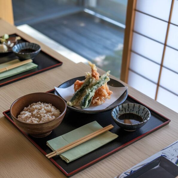 O masă japoneză tradițională văzută de sus, cu un bol de orez integral aburit alături de tempura de legume proaspăt preparată, un mic bol de ceramică neagră conținând sos shoyu de culoare brună-închisă care strălucește în lumina naturală, totul așezat pe o masă din lemn deschis cu șervețele de bambus.