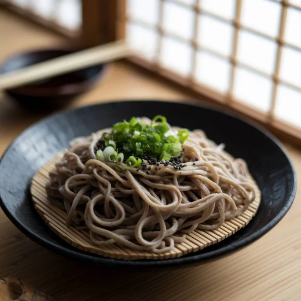 O farfurie ceramică tradițională japoneză neagră cu tăiței Soba aburinzi, garnisiți cu ceapă verde proaspătă tăiată fin și susan negru presărat deasupra. În fundal se văd bețișoare din bambus și un bol mic cu sos tsuyu
