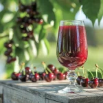 Un pahar înalt și elegant plin cu suc rubiniu de cireșe, așezat pe o masă de lemn rustică în lumina naturală a dimineții. În fundal se văd cireșe proaspete împrăștiate artistic pe masă și frunze verzi de cireș, sugerând prospețimea și naturalețea produsului.