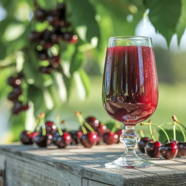 Un pahar înalt și elegant plin cu suc rubiniu de cireșe, așezat pe o masă de lemn rustică în lumina naturală a dimineții. În fundal se văd cireșe proaspete împrăștiate artistic pe masă și frunze verzi de cireș, sugerând prospețimea și naturalețea produsului.