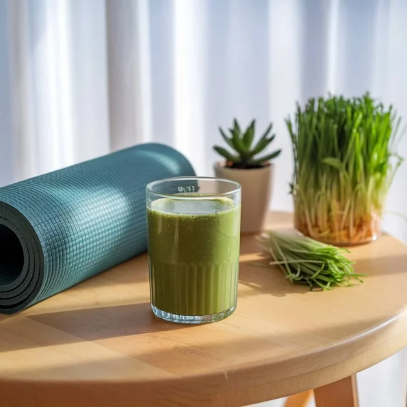 A peaceful morning wellness scene showing a glass of fresh green juice on a wooden table next to a yoga mat. Soft natural lighting highlights the vibrant green color of the drink. Some fresh wheat grass plants in the background create a connection to the natural source. The composition suggests a moment of mindful healthy living.