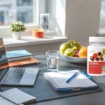O masă de lucru modernă într-un birou luminos, cu laptop deschis, o agendă cu notițe, un pahar cu apă și un bol cu fructe proaspete. Razele naturale ale dimineții pătrund prin fereastră, sugerând un început energic de zi și focusare mentală.