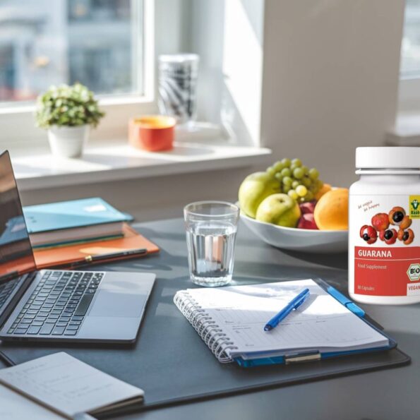 O masă de lucru modernă într-un birou luminos, cu laptop deschis, o agendă cu notițe, un pahar cu apă și un bol cu fructe proaspete. Razele naturale ale dimineții pătrund prin fereastră, sugerând un început energic de zi și focusare mentală.