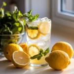 Limonadă răcoritoare și proaspătă cu felii de lămâie, frunze de mentă și cuburi de gheață, servită într-un pahar înalt și însoțită de lămâi proaspete Bio, perfect iluminată în lumina naturală.