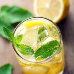 Imagine detaliată de sus a unui pahar răcoritor cu suc de lămâie Bio presat natural, decorat cu frunze proaspete de mentă și felii de lămâie, evidențiind prospețimea și naturalețea băuturii prin claritatea gheții și strălucirea citricelor.