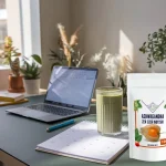 Un workspace minimalist cu un laptop, o agendă deschisă și un pahar înalt de smoothie verde în care se vede pulberea de ashwagandha fiind încorporată. Lumina naturală și plantele decorative din fundal creează o atmosferă productivă și calmă, evidențiind beneficiile cognitive și energizante ale produsului.