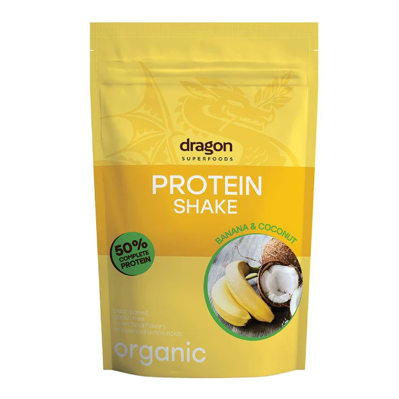 Shake proteic cu banane și cocos bio Dragon Superfoods, 450g, 52% proteine