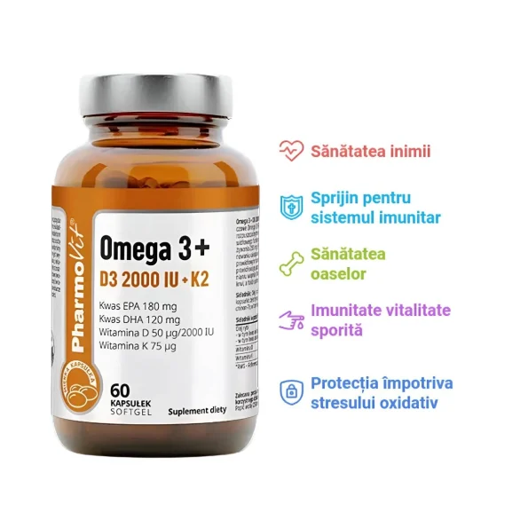 Omega 3, ulei pește, vitamine D3 K2, 60 capsule, Pharmovit