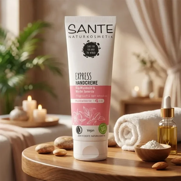 Cremă de mâini cu ulei de migdale și argilă albă, 75 ml, Sante - Produse cosmetice