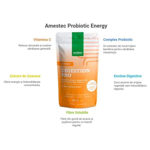 Amestec probiotice pudră, digestie și energie, Energy, Purasana, 140g,