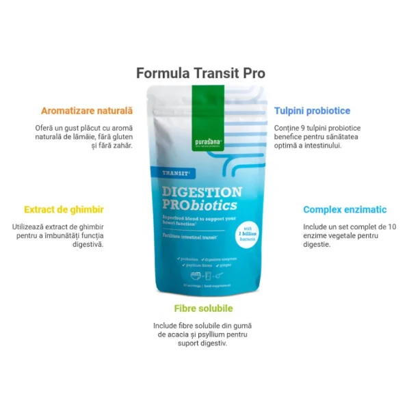 Amestec probiotice cu enzime digestive, pulbere, Transit Pro, Purasana, 140 g