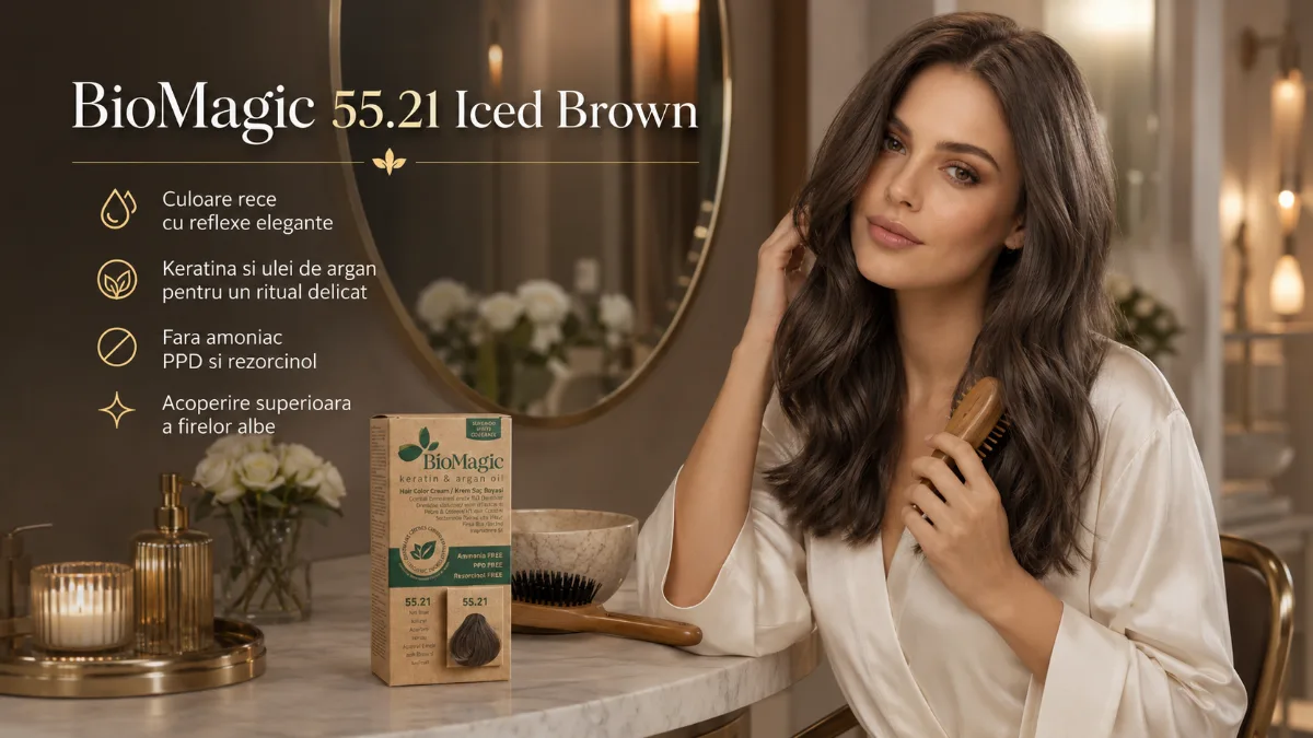 Vopsea de păr permanentă fără amoniac șaten cenușiu, BioMagic 55.21 Iced Brown - Vopsea de par