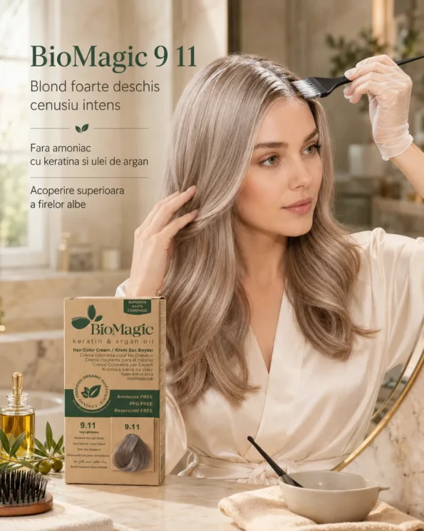 Vopsea de păr permanentă fără amoniac blond foarte deschis cenușiu BioMagic 9.11 - Vopsea de par