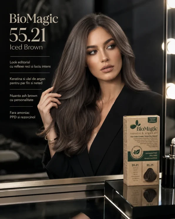 Vopsea de păr permanentă fără amoniac șaten cenușiu, BioMagic 55.21 Iced Brown - Vopsea de par