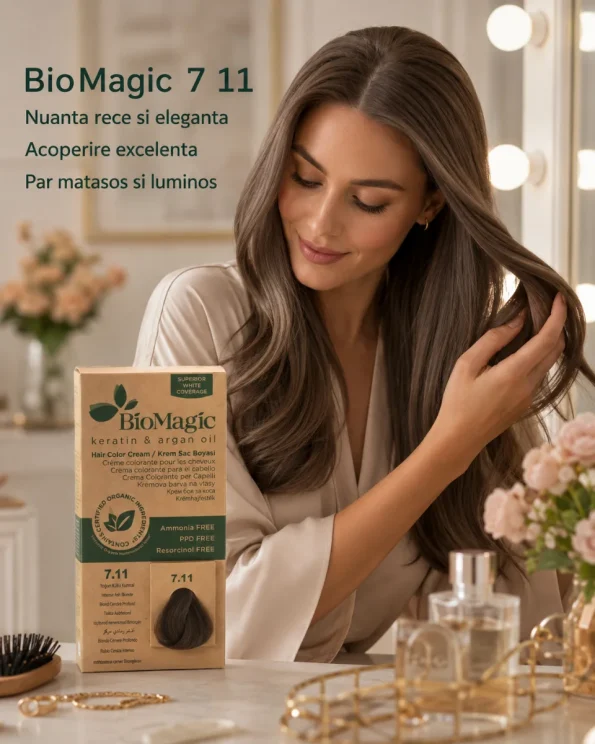 Vopsea de păr fără amoniac blond cenușiu intens BioMagic 7.11 cu keratină și ulei de argan - Vopsea de par