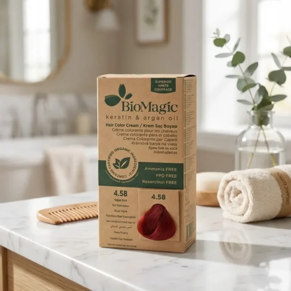 Vopsea de păr roșu-violet-castaniu fără amoniac, 250g, Biomagic 4.58 - Vopsea de par